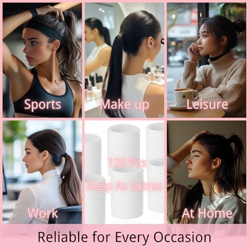 LuSeren 120 Pcs No Damage Hair Ties for Thick Hair, Large Soft Seamless Nylon Hair Elastics for Women, Ponytail Holders Accessories –White - color: White