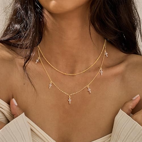 Layered Necklaces For Women,Dainty Gold Plated Necklace Stack Prom Layering Necklaces For Women Trendy Chain Cross Choker Necklace Set Fashion Accessories - color: cross+satellite