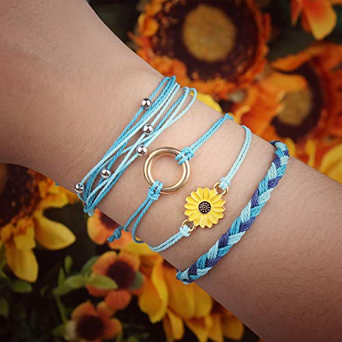 FANCY SHINY Easter Gifts Basket Stuffers Sunflower String Bracelet Boho Braided Rope Wrap Bracelets Cute Summer Beach Surfer Jewelry for Women - color: Skyblue