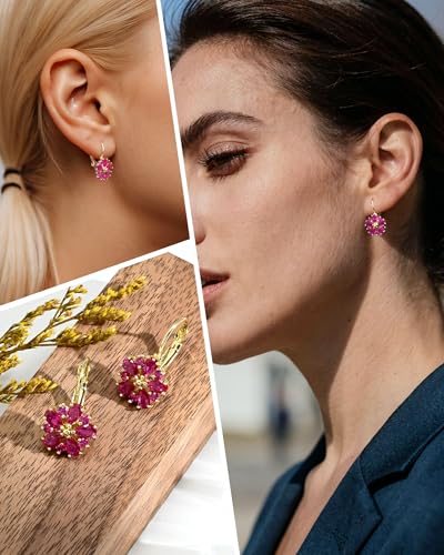Vintage 14K Gold Plated Flower Birthstone Earrings - Hypoallergenic Leverback Floral Earrings, Trendy Jewelry Gifts for Women - color: Hot Pink