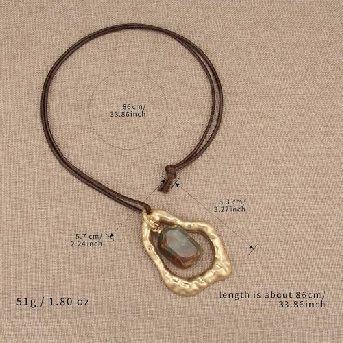 GelConnie Leather Necklaces Turquoise Long Boho Necklaces for Women Brown Chunky Circle Pendant Chocker Necklace Gold Sweater Necklace - style: Large Stone Pendant