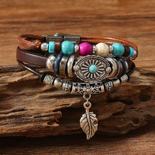 Turquoise Leather Western Bracelets for Women Men Bohemian Retro Turquoise Wrap Bracelets Exquisite Layered Stacked Cowboy Cowgirl Bracelet Western Country Concert Outfits Leather Cuff Bracelet for Women - style: Feather,Turquoise