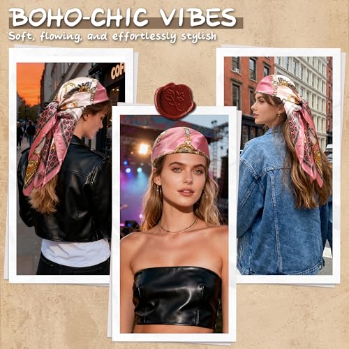 Large Square Head Scarf Bandana - 35" Satin Hair Scarf for Women Like Silk Scarf Fashion Hair Wrapping - color: Equestrian Chain(pink), size: 35IN*35IN