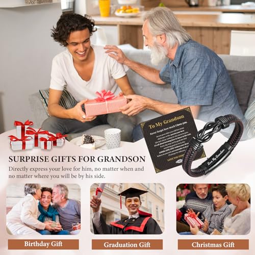 MEALGUET Men's Bracelets Gifts for Men - Brown Braided Leather Infinity Knot Bracelets Engraved Love Massage for Son Man Husband Boyfriend, Mens Bracelet Jewelry Gift for Birthday Valentine's - style: to my Grandson