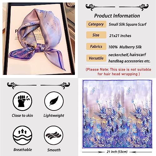 Ciormis 100% Mulberry Silk Scarf-Women's 21''/27''Square Silk Hair Head Scarf Neckerchief with Gift Packaged - color: 21''x 21''-style 11-purple Flower