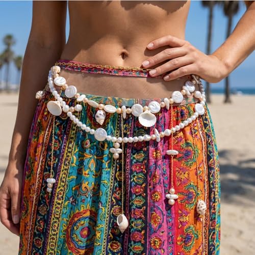 Starfish Shell Waist Chain for Women Adjustable Layered Pearl Body Chain Seashell Conch Waterproof Belt Chains Summer Bikini Beach Mermaid Accessories - color: Starfish-B