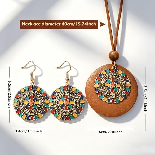 Wooden Leather Necklaces Set Bohemian Wood Stack Discs Long Chain Hemp Rope Bronze Plated Pendant Ethnic Tribal Fall Leaf Earrings Jewelry Statement Necklace - color: R-040