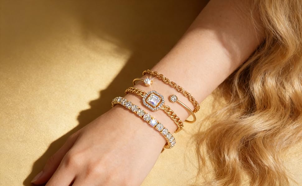 Alegend Titanium Steel (Not Rust, Resist Corruption, Easily Clean) 18K Gold Plated Single Bracelets + 14K Gold Plated Stackable Multilayer Bracelets - style: 14KGold + 4PCS H