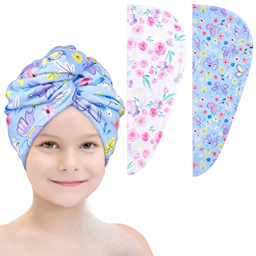 Basumee Microfiber Hair Towel Wrap for Kids 2 Pack Rapid Drying Hair Towel with Button Hair Turbans for Wet Hair Wraps Head Towel Wrap for Women and Girls, Flower - color: Flower and Butterfly