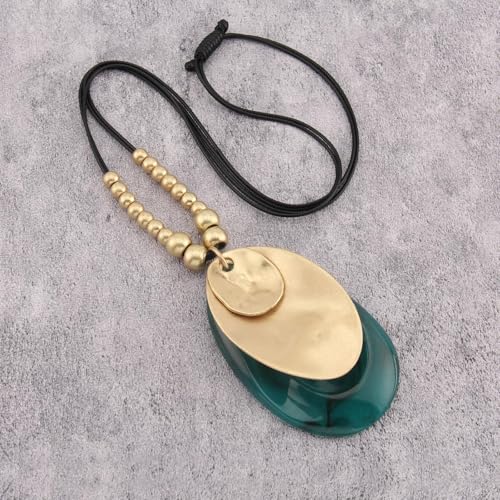 GelConnie Leather Necklace for Women Large Pendant Long Brown Necklace Circle Leather Choker Vintage Sweater Necklace Gold Chunky Boho Necklaces for Women - style: Gold Beads Blue Necklace