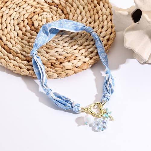 Scarf Long Fabric Colorful Silk Scarves Multi Pendant Necklace For Women Statement Boho Choker Twisted Ribbon Band Pearl Accent Heart Maple Leaf Bee Daisy Dragonfly Star Green Gem Charms - color: Blue Dragonfly