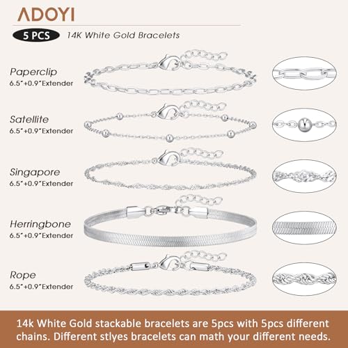 adoyi Gold Bracelets for Women, 14K Gold Plated Stackable Bracelet Stack Set Adjustable Charm Paperclip Chain Cuban Link Layered Waterproof Jewelry Sets Gifts for Womens - color: Silver 6.5 IN General Wrist