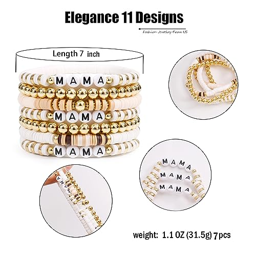 Elegance 11 designs Heishi Beaded Bracelets For Women Polymer Clay Colorful Surfer Stackable Beads Boho Bracelet Summer Beach Jewelry - color: Mama