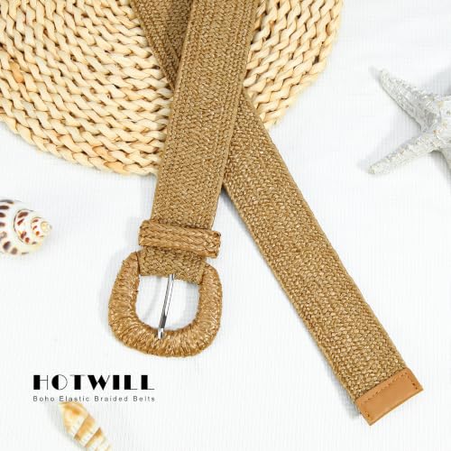 HOTWILL Women Straw Woven Belt Boho Elastic Stretch Braided Waist Belts for Summer Dresses - color: Khaki_d Ring Buckle