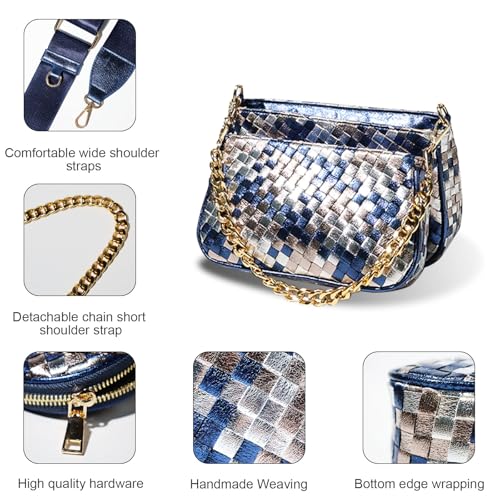 Handmade Woven Small Crossbody Bag for Women with Coin Purse, Designer Shoulder Handbag 3pcs Set, Mini Tote Clutch - color: Blue Multicolor