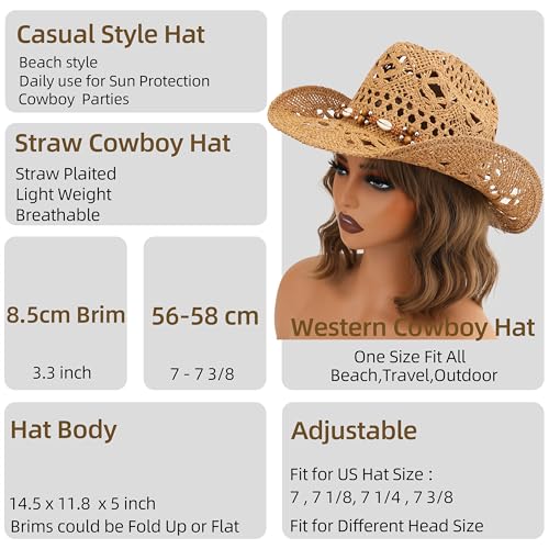 Straw Cowboy Hat, Western Cowgirl Hat, Wide Brim Sun Beach Hat for Men and Women - color: Khaki-m26
