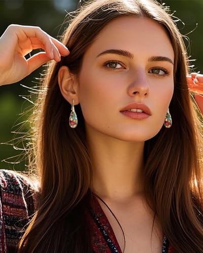 14K Gold Plated Boho Natural Stone Teardrop Earrings Colorful Vintage Chic Dangle Drop for Women Trendy