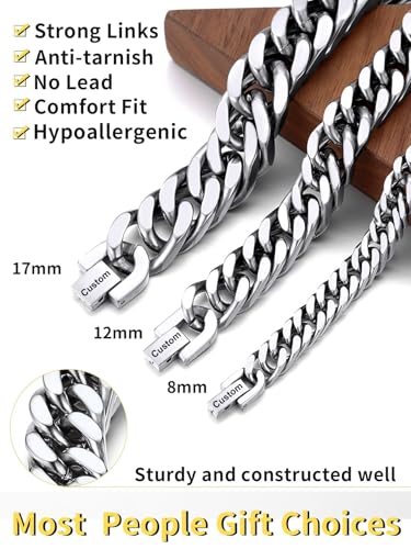 ChainsHouse Stainless Steel Cuban Link Bracelet, 8mm/12mm/17mm Width, 7.5"/8.3"/9", 18K Gold Plated Chain Wrist Bracelets for Men Women, Send Gift Box - color: R: Steel-17mm width-custom