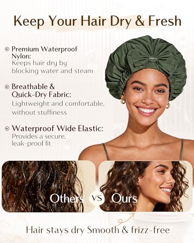 Yanibest Shower Cap Reusable Waterproof, Wide Elastic Band Bath Cap - Comfortable & Durable Bath Hair Hat for Women - color: Green