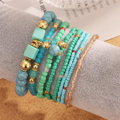 IFKM 8PCS Beaded Bracelets for Women, Multilayered Stackable Strand Stretch Bead Bracelet Pack Handmade Trendy Bohemian Charm Jewelry - color: Blue
