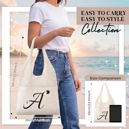 Shinylin Personalized Crochet Tote Bag for Beach Women Beige Mesh Knit Shoulder Bag Boho Aesthetic Tote for Women - style: Letter a