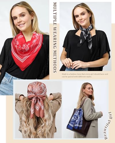 AWAYTR 27.5” Silk Satin Square Head Scarf - 4PCS Satin Head Scarves for Women Hair Kerchief Bandanas Sleeping Head Wraps - color: Paisley(black/Red/Blue/Camel)