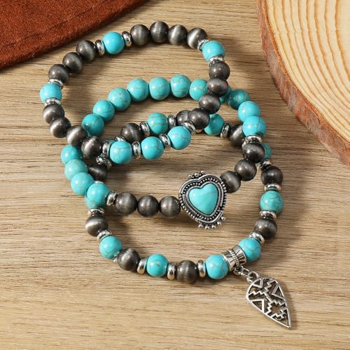 Western Turquoise Beaded Bracelet Stack - Vintage Cowgirl Stretch Set with Bull Skull, Feather & Boot Charms, Handmade Boho Jewelry for Rodeo, Country Concerts & Casual Western Outfits - style: 3
