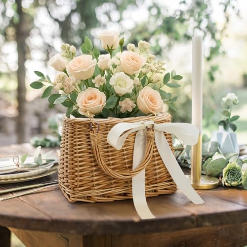 Pumtus Handwoven Rattan Handbag, Wicker Rectangle Basket Purse with White Ribbon, Summer Beach Top Handle Clutch, Boho Style Woven Purse, Rustic Flower Basket for Women, Travel, Vacation, Wedding