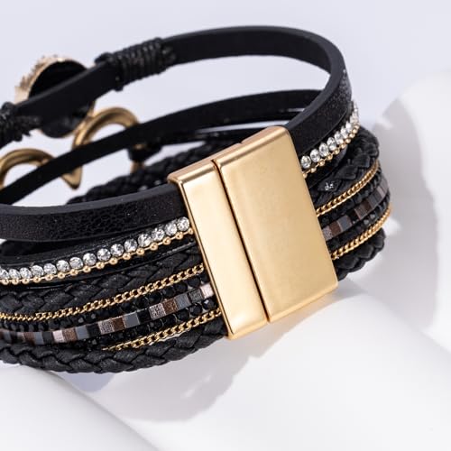 Boho Leather Wrap Bracelets Beaded Stackable Cuff Bracelet Country Concert Outfits Cowboy Cowgirl Western Jewelry Gifts for Women - color: Heart-Black