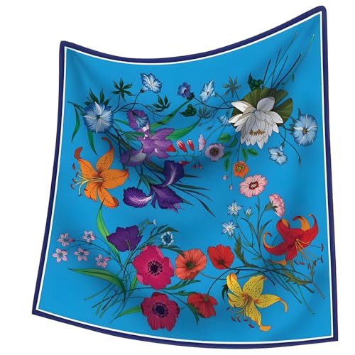 Premium Floral Scarf for Women 35x35 Square Silk Feel-Lightweight Scarves Headscarf Bandanas Wrapping Handbag - color: Blue Blossom