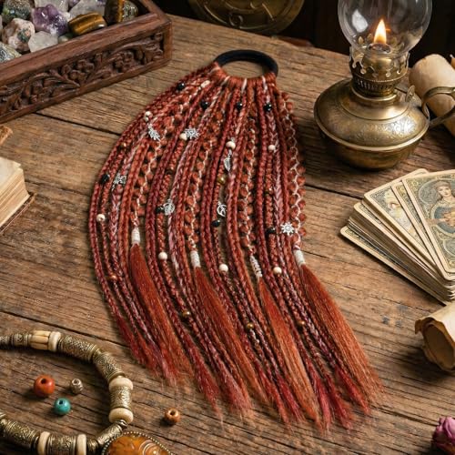 SEIKEA Boho Braided Ponytail Extension on Hair Tie, 16" Full Volume Lightweight Viking Dreadlock Ponytail Braid in Dreadlock Extensions with Beads and Shells, Festival Hair Accessories for Women Girls - color: Auburn Copper Twist