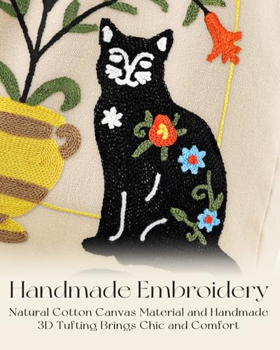 Miss Adola Embroidery Tote Bag with Pocket & Buckle - Reusable Canvas Tote for Women Cute Aesthetic Work Shopping Grocery Bag - style: Cat