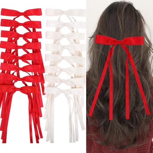 WORTL Red Hair Bows Clips Coquette Ribbon Bowknot with Long Tail Princess Hair Bows French Barrettes Hair Accessories for Women Girls 16PCS (Red, Cream) - color: Red, Cream