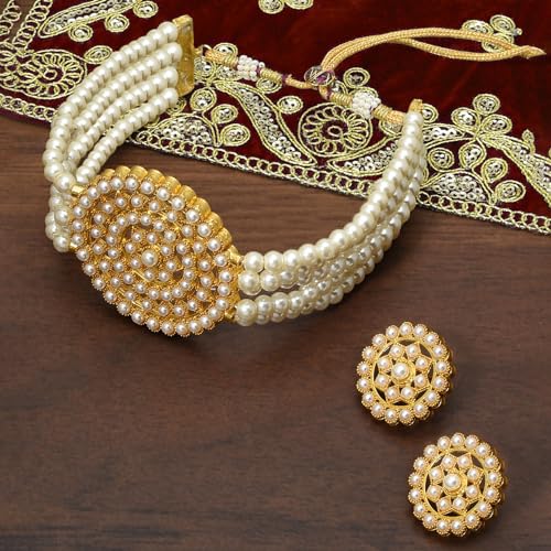 Aheli Pearl Diamond Choker Necklace & Round Earrings Gift for Women Indian Traditional Bollywood Fashion Bharatanatyam jewellery set - color: White 1