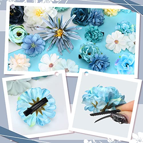 BBTO 21 Pcs Flower Hair Clip Rose Hair Clips Barrettes for Women Flower Accessories Boho Bride Claw Clip Hairpin Brooch Pin Headpiece for Wedding (Light Blue) - color: Light Blue