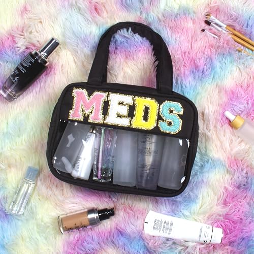 BuyCard Chenille Letter Clear Medicine Makeup Bag for Travel, Preppy Patch Nylon Cosmetic Meds Pouch with Handles and Zipper, Waterproof Large Travel Toiletry Bag Storage Case for Women Black - color: Black-MEDS