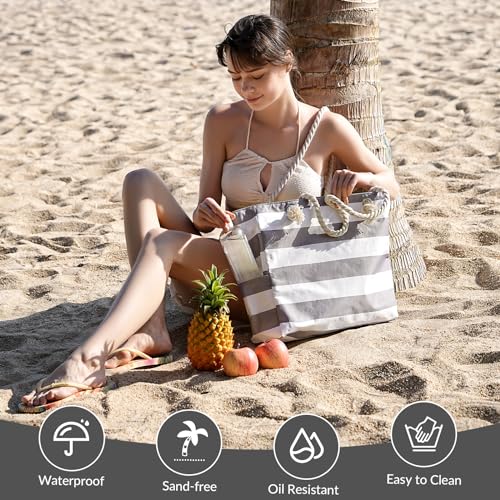 Clothirily Beach Bag for Women - Large Beach Tote Bag, Waterproof Sandproof Beach Bag with Zipper, Large Swim Pool Beach Tote - color: Grey
