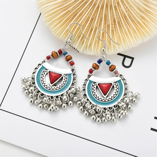Vintage Boho Statement Drop Dangle Earrings for Women Bohemian Ethnic Handmade Beaded Charms Earring Bohemian Retro Chandelier Tassel Earrings Mexico Gypsy Jewelry Gift - color: Silver Red Triangle