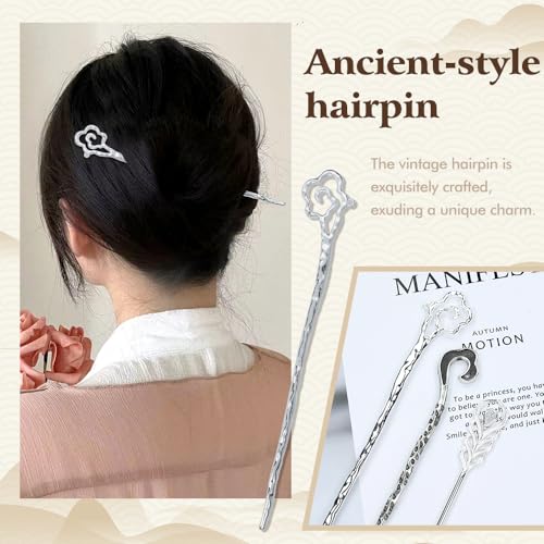 Lawie 10 Pack Silver Metal Hair Sticks Chopsticks Hair Pins Chinese Asian Hanfu Decorative Long Retro Hair Clips Snakes Swords Butterfly Jade Stone Vintage Hair Accessories for Women Girls