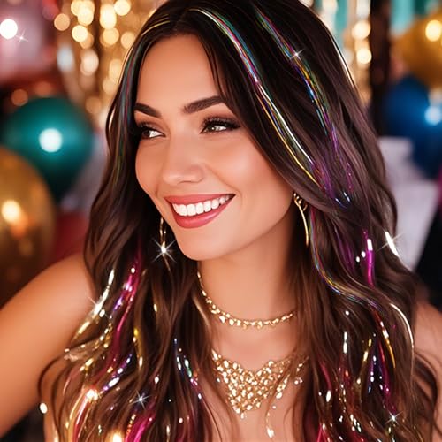 NIACONN Glitter Hair Tinsel Extensions Kit Rainbow Color with Tools and Beads, 48 Inch Sparkly Fairy Colorful Tensile Strands Shiny Hair Accessories for Women Girls Kids - color: Rainbow