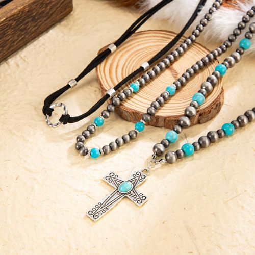 Western Necklaces Boho Turquoise Cross Necklace Set Navajo Pearl Beaded Layered Choker Cowgirl Christian Western Jewelry for Women - color: Style-A