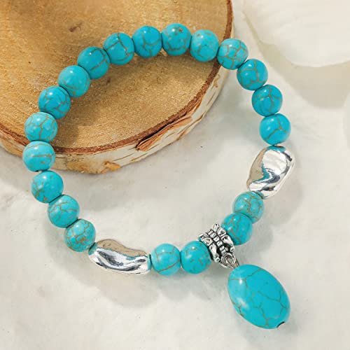 Turquoise Bracelet for Women, 8mm Beaded Stretchable Unisex Bracelet, Boho Turquoise Bead Bracelet Stone Beaded Bracelets Turquoise Jewelry for Women - color: Turquoise Pendant