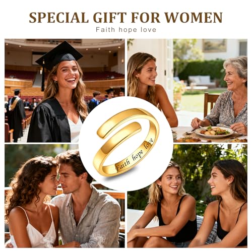 Sonateomber Gold Silver Faith Open Rings for Women ，Adjustable Minimalist Personality Encouragement Hope Love Healing Promise Ring Wedding Festival Accessories Fashion Jewelry Gift - color: Gold-Faith hope love