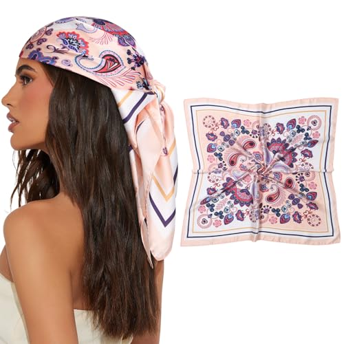 AWAYTR 27.5” Square Satin Head Scarf Hair Scarf for Women's Hair Silk Bandana for Women Silk Head Wrap for Sleeping - color: Cashew Print (Pink)