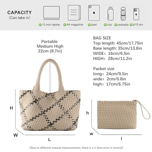 Woven Bag for Women, Large Neoprene Tote Bag Summer Beach Handbag Purse Retro Handmade Travel Shoulder Bag Set - color: Apricot-b