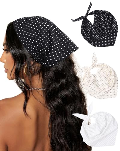 AWAYTR 3Pcs Hair Bandanas Head Kerchief for Women Girls Tie-Back Boho Hair Scarf Headband Bandana Triangle Head Scarf - color: Black White Dots + Stripes