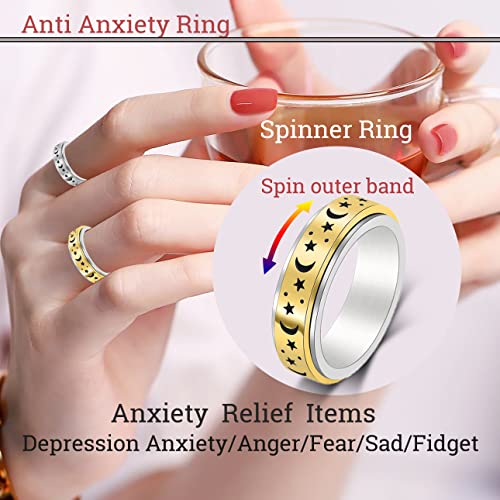 Anxiety Ring for Women Spinner Rings:Rotating Rings Stainless Steel 6mm Moon Star Anxiety for Men Band Jewelry Gift for Women Size 6 7 8 9 10 - color: A-Gold