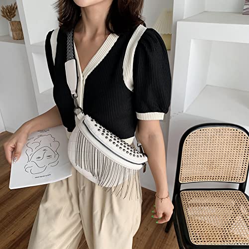 GLT.ETL Fanny Pack Chest Bag For Women Faux leather Fringe Quilted Waist Cross Body Blet Bum Bags Rivet Studded Tassel Purses (Beige White) - color: White