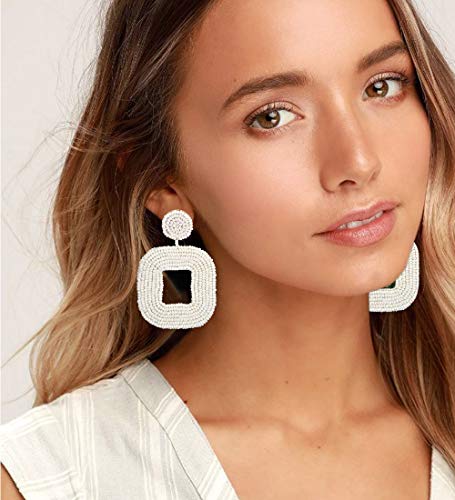 Beaded Drop Earrings Multicolored Seed Bead Earrings for Women Bohemia Statement Square Bead Hoop Dangle Earrings for Wedding Party Vacation - color: E White