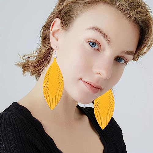 Large Genuine Soft leaf Leather Handmade Fringe Tassel Feather Lightweight Tear Drop Dangle Color Earrings for Women - color: Yellow
